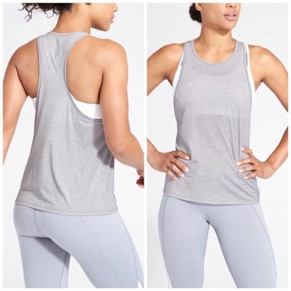 Athleta Tops - Athleta Essence Low Muscle Swing Tank Top Grey White Stripe Size Large